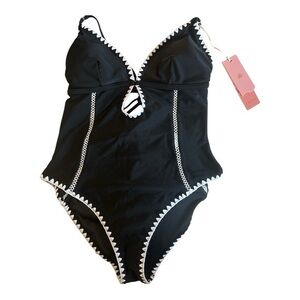 Amiani black + white one piece swimsuit bathing suit neutral classic Large NWT